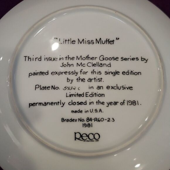 Vintage Reco "Little Miss Muffet" Nursery Rhyme Collector Plate- John McClelland - Picture 3 of 3